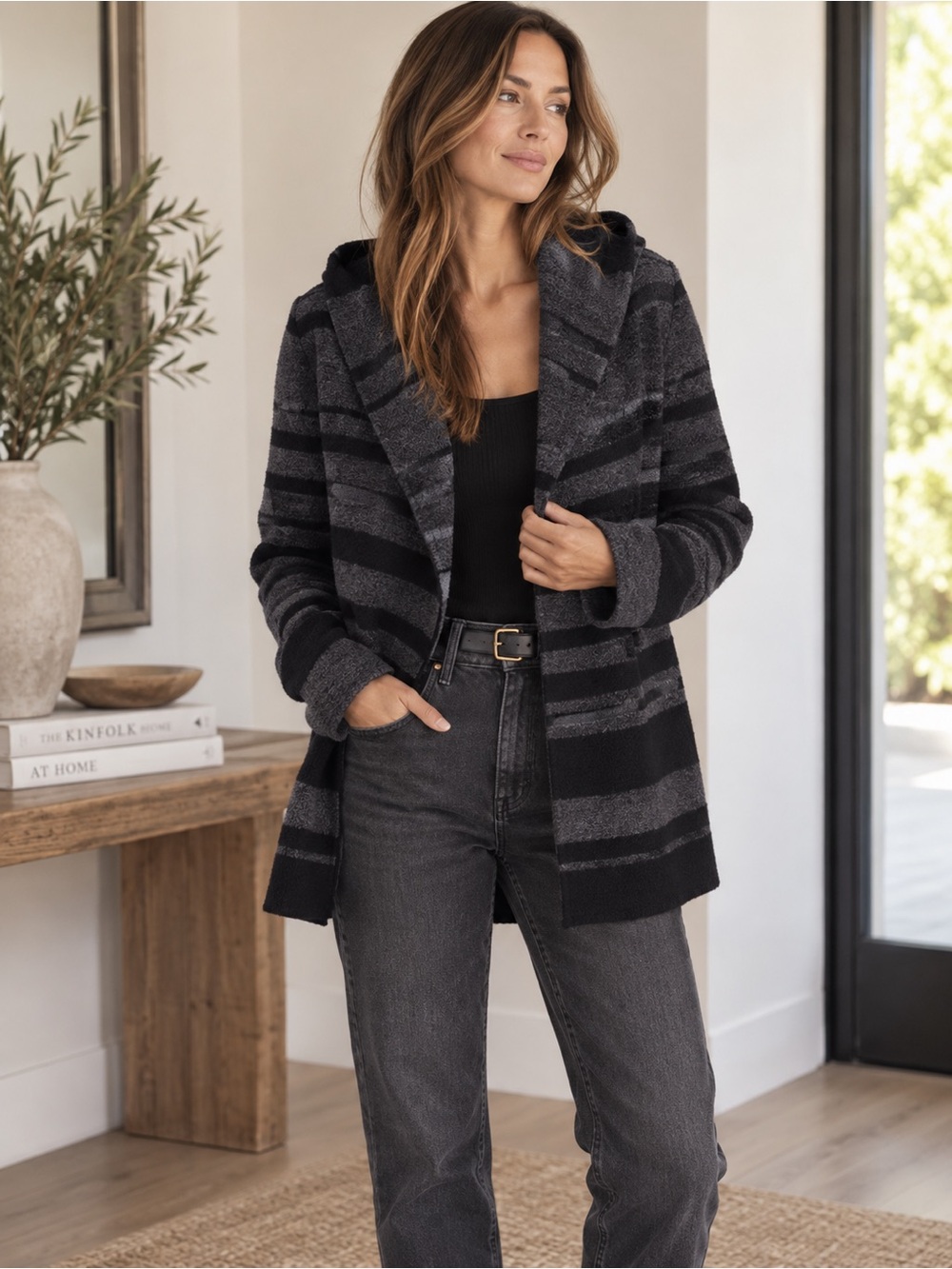 Vince XS Cashmere Wool Alpaca Hooded Striped Open Front Sweater Jacket Cardigan